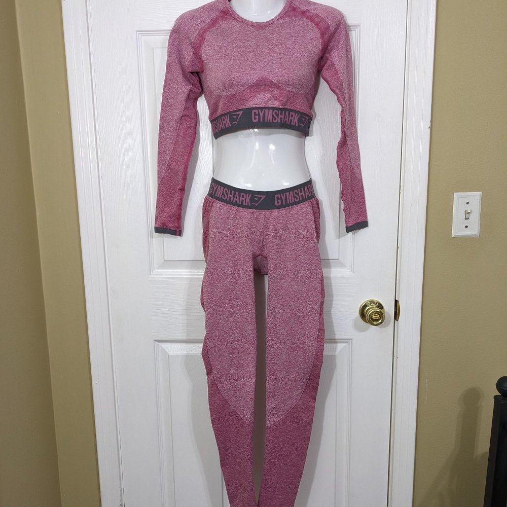 Gymshark Flex Merled Dark Pink & Gray Crop Long Sleeve Top & Leggings Set - S